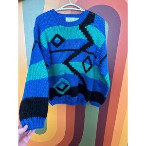 Funky ugly cozy sweater blue teal geometric shapes Jeff Laurent size M